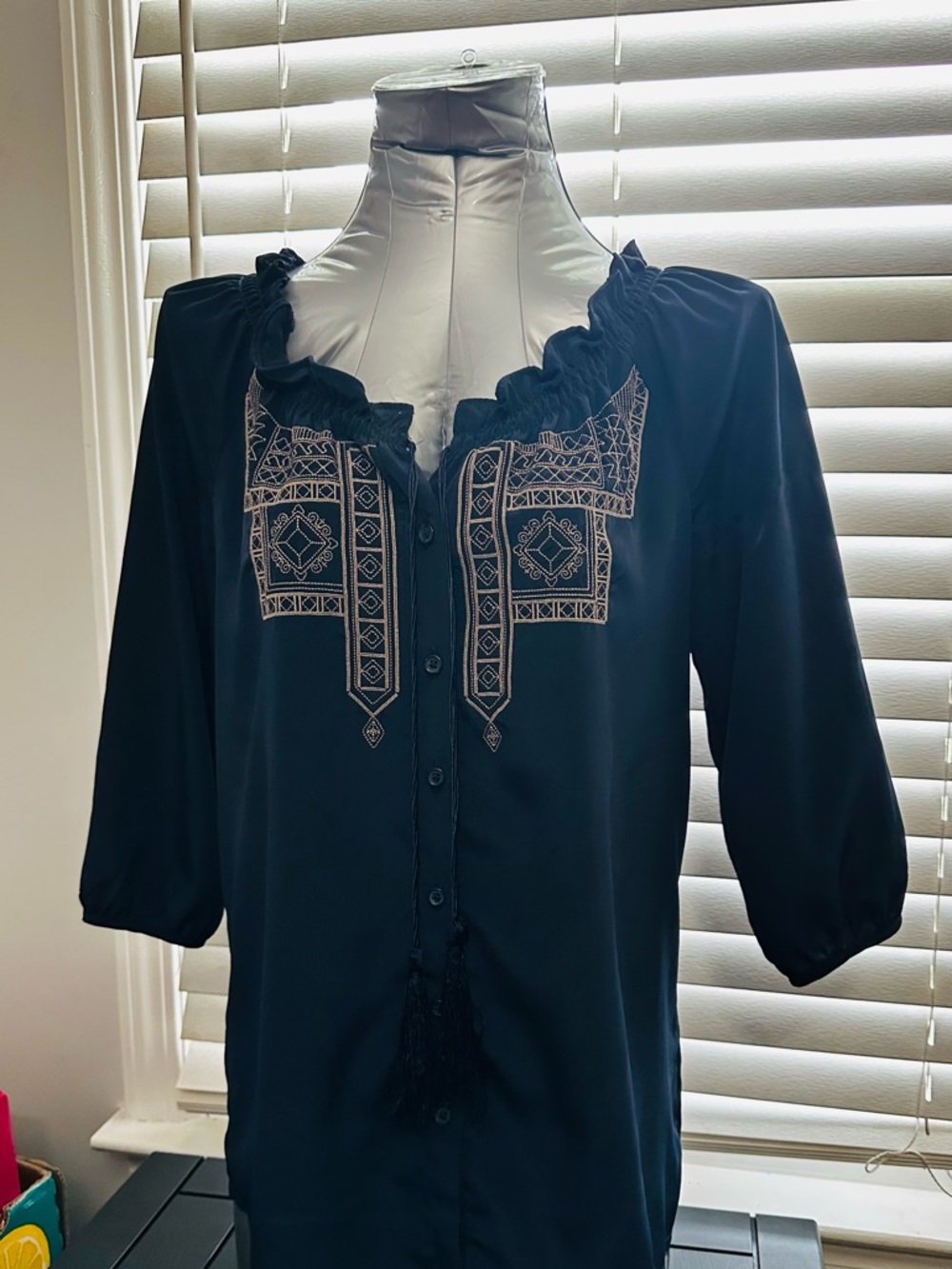 Old Navy small Woven Embroidered Ruffle-Trim Women's Top - Navy blue